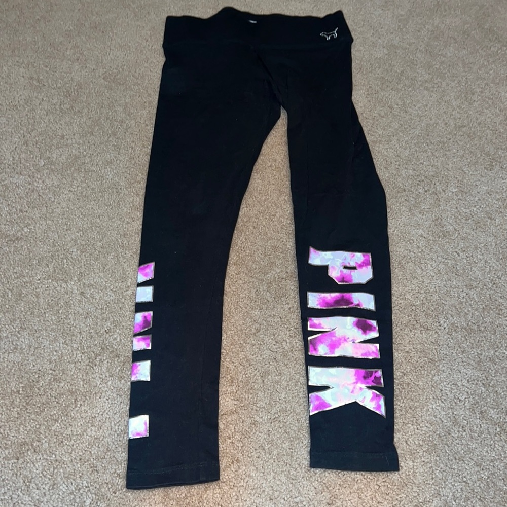 PINK Victoria's Secret Black Logo Leggings with Pink Floral Accent